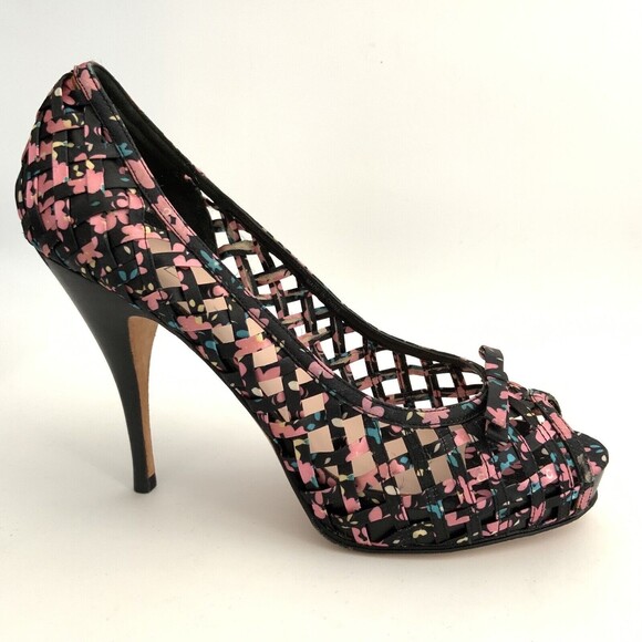Aldo Pumps Beira Lattice Peep-toe Heels Black Floral 38 - Picture 2 of 12
